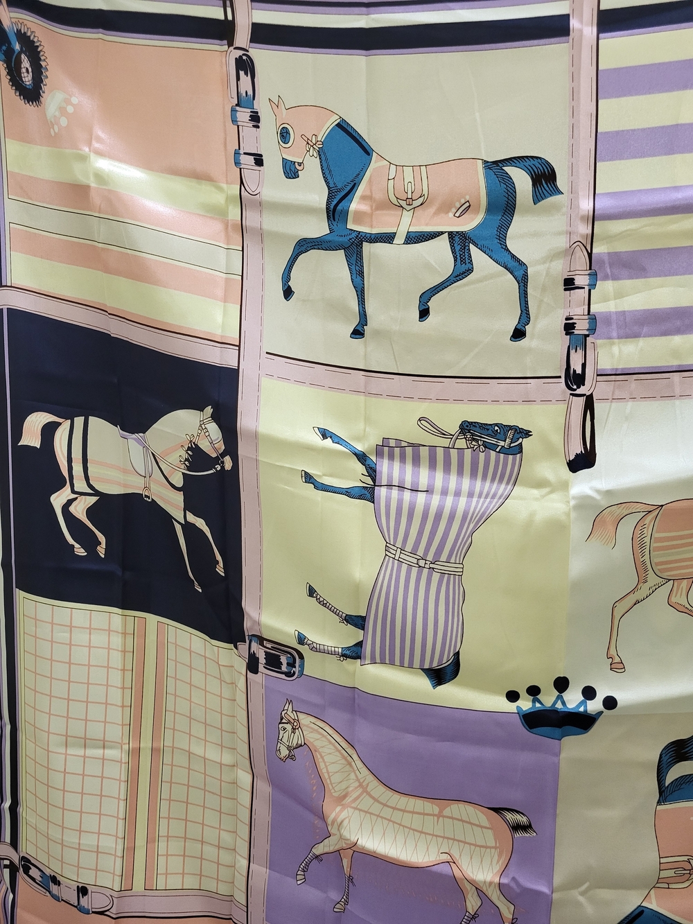 Suzhichou Equestrian Silky Satin Scarf Pastel Horse Print 36" Square Wrap Fabric - Picture 5 of 8